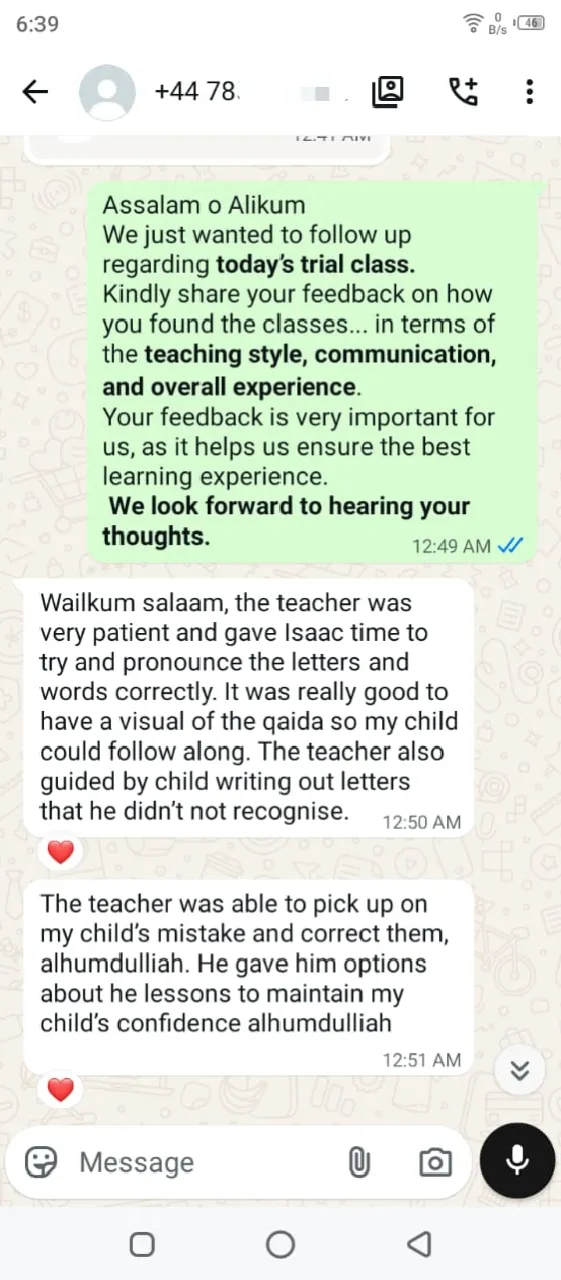 Parent feedback for Ease Quran UK, WhatsApp review 1