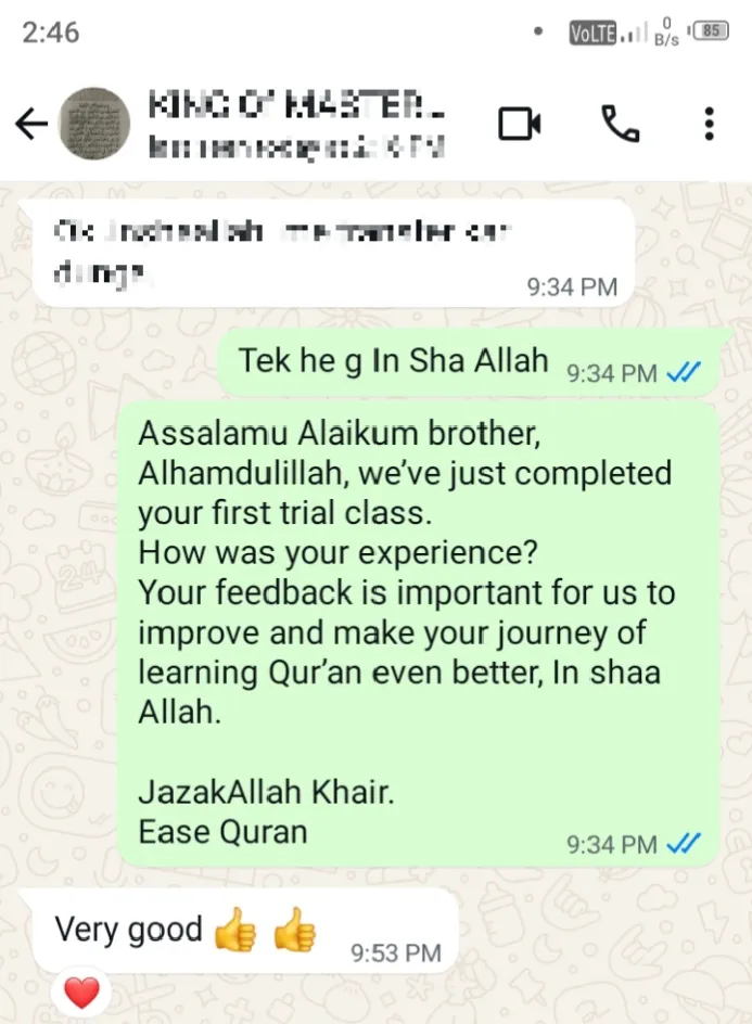 Parent feedback for Ease Quran UK, WhatsApp review 2